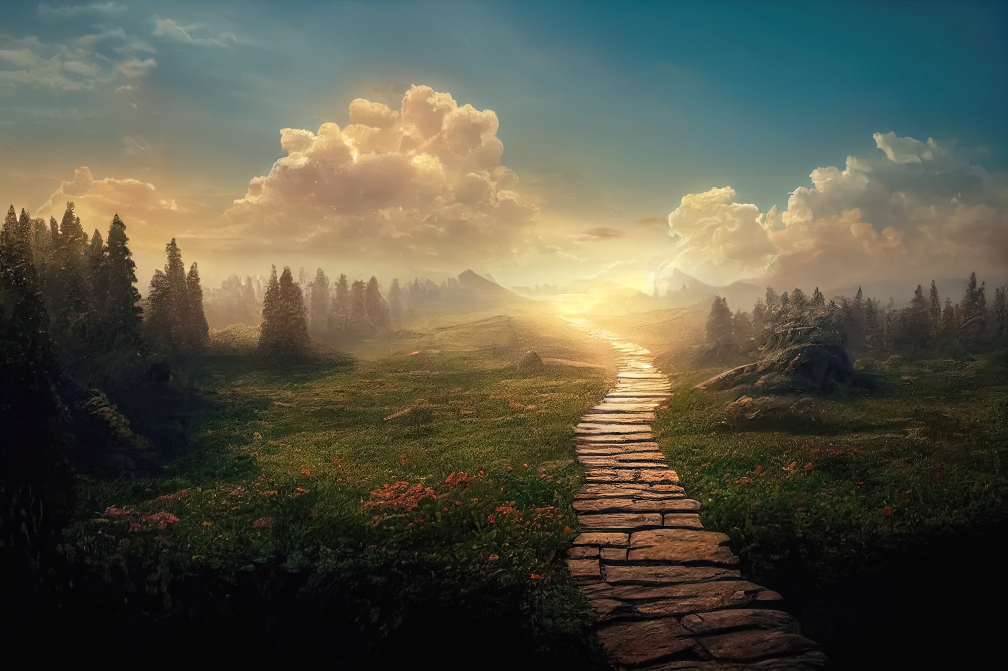 A stone pathway winds through a lush green meadow, leading toward a glowing horizon where the sun casts a golden light. Clouds fill the sky, and distant mountains create a scenic image.