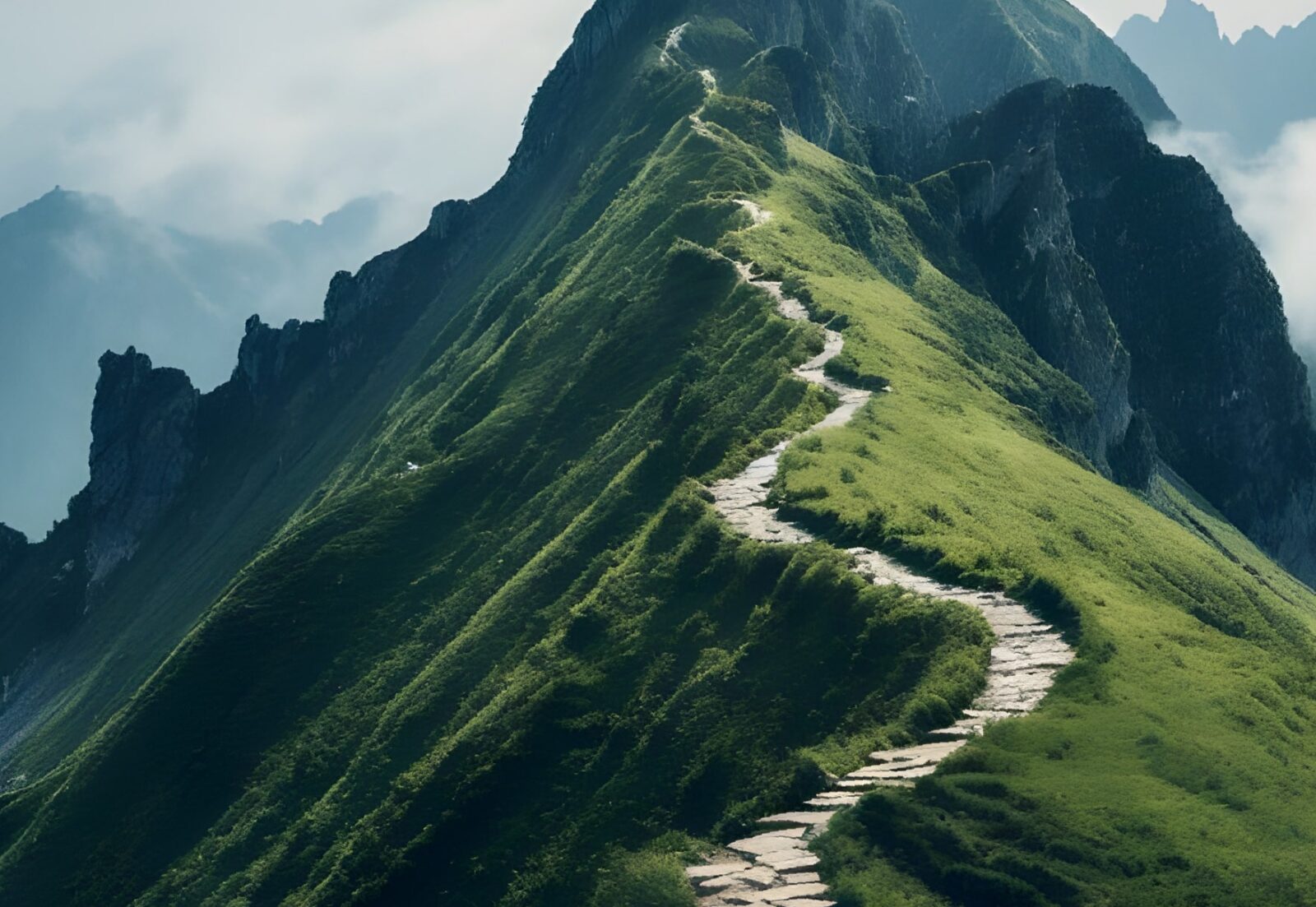 A winding stone path leading up a lush green mountain ridge, surrounded by misty peaks in the background.